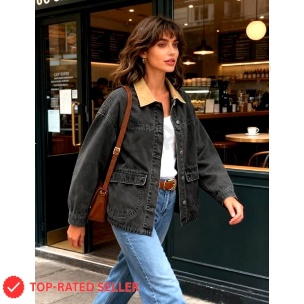 Oversized Denim Barn Jacket Retro Chic Button Down Big Pockets Transitional - Picture 4 of 8